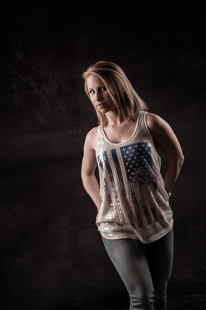 Senior portrait of girl in american flag shirt in Evansville indiana